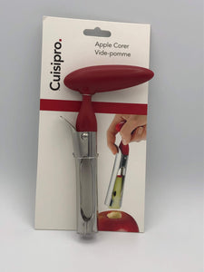 Cuisipro apple corer with unique split lever action to easily dispose of core. Red comfort grip, stainless steel coring mechanism 