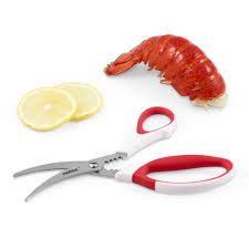 Seafood scissors with curved stainless steel blades easily cut through seafood shells without damaging the meat. Integrated cracker is great for lobster and crab. 